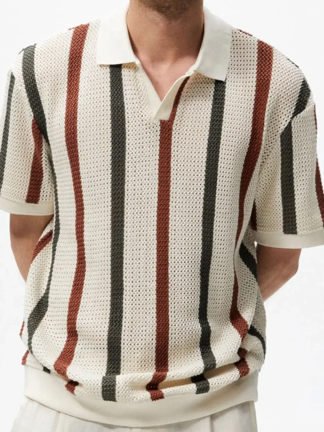 Summer Stripe Color Block Short Sleeve Knitted Casual Polo Shirt Men's Fashion Brand Personality Loose Fit Hollow out Design 8 S4e77748bddfd4b88b003311717bb87dfz