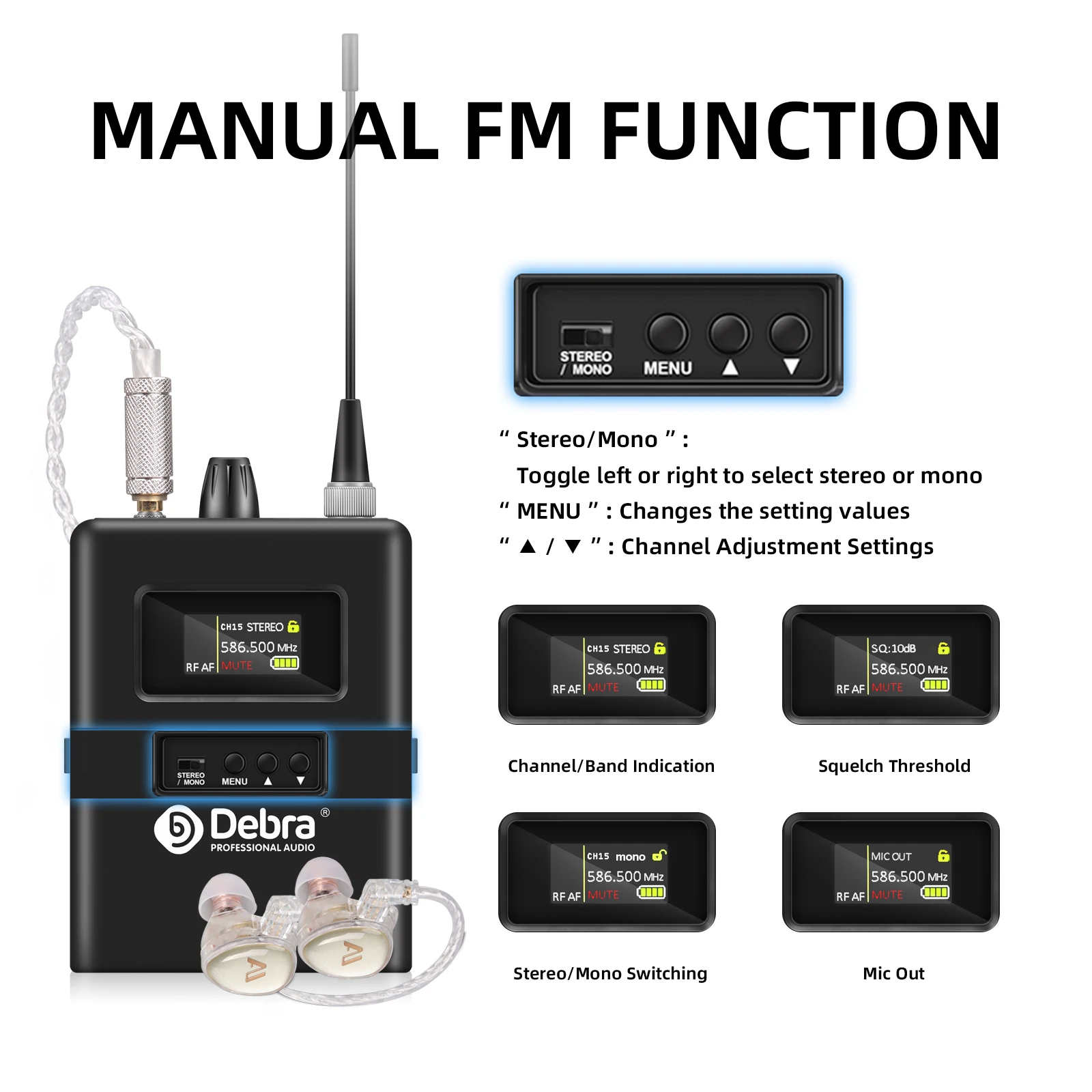 Debra SW-1 Stereo Wireless In-Ear Monitor System Frequency Range 590-599 MHz for Stage Performance Studio Church Wireless In Ear Monitor