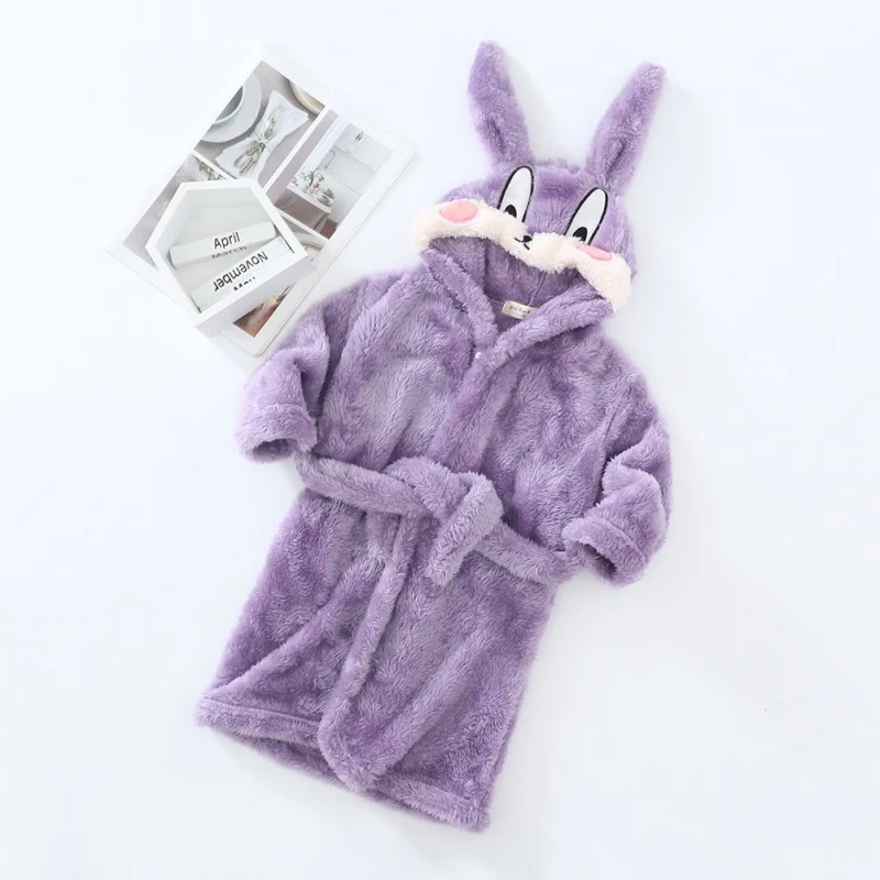 Fall Winter Kids Hooded Bathrobe Baby Bath Robes Boys Girls Cute Cartoon Rabbit Flannel Pajamas Toddler Long Sleeve Towel Robe