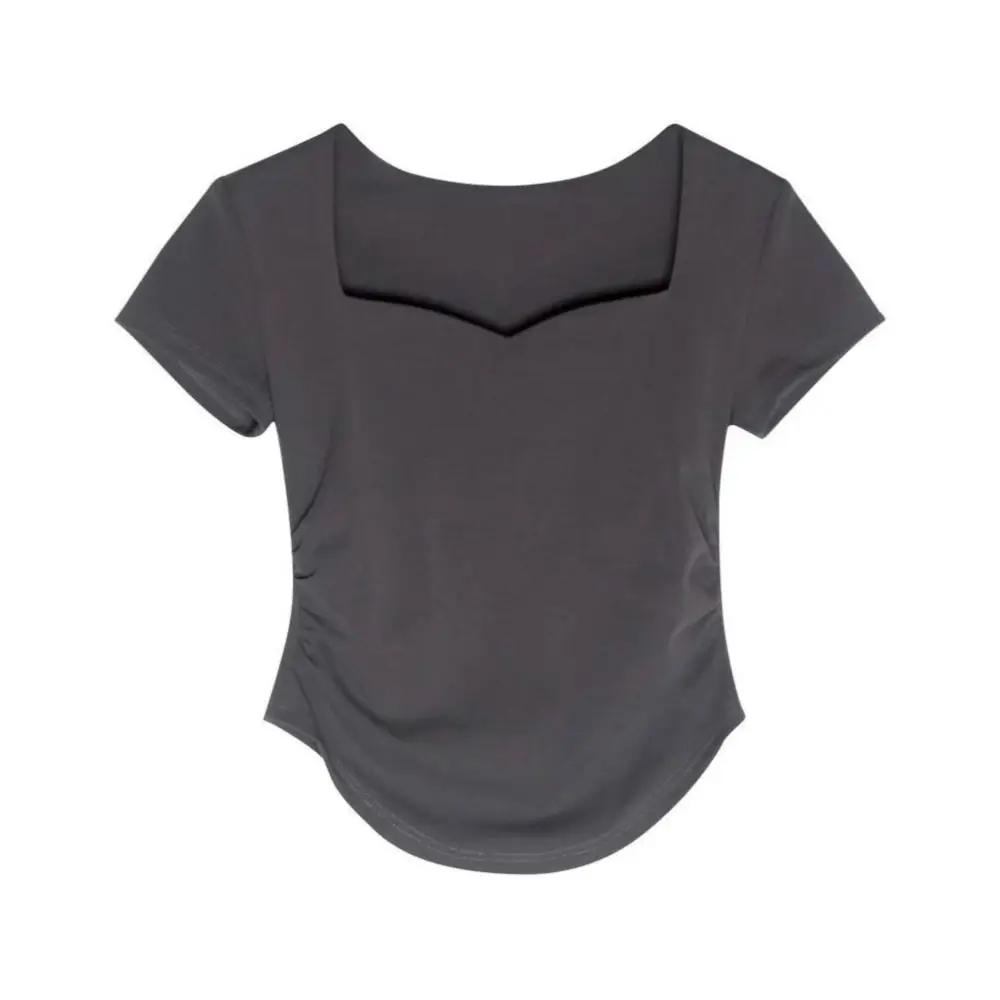 Breathable Slim Fit Y2K Crop Tops Pleated Short Sleeves Korean T-shirt Summer Women Clothing Solid Short T-shirt Party