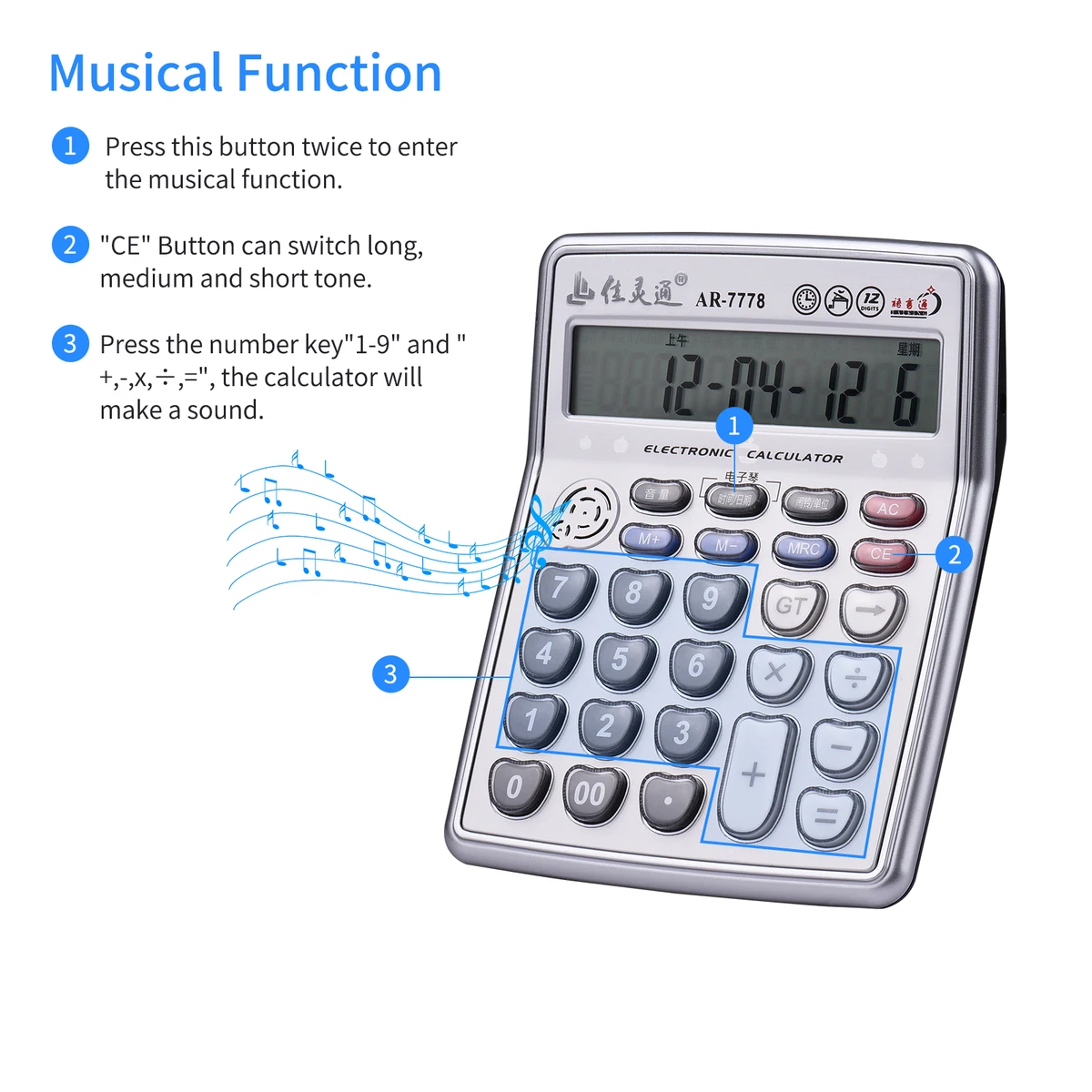 Musical Desktop Calculator 12-Digits LCD Display Electronic Calculator Counter with Music Piano Play Time Date Show Alarm Clock