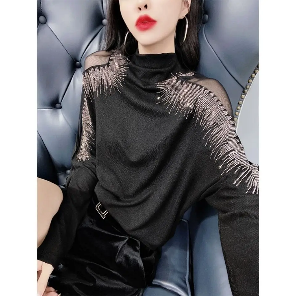 

Autumn and Winter New Heavy Industry Hot Drilling Semi-high Collar Base Shirt Women's Retro Stitching Mesh Long-sleeved T-shirt