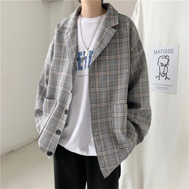 

New Listing Blazer Men Loose Comfortable Grey Plaid Blazer Fashion Mens Casual Suits 4 Seasons Daily Long Sleeves Mens Clothing