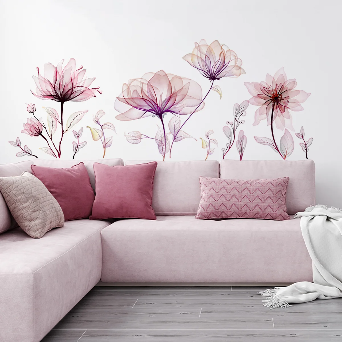 Pink Flowers Wall Stickers for Living Room Bedroom Background Wall ...