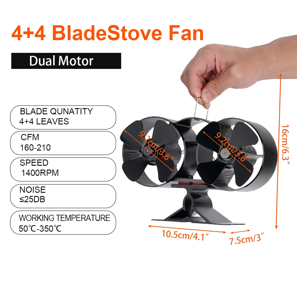 8 Blades Heat Powered Wood Stove Fan Double Motor Burner Heat