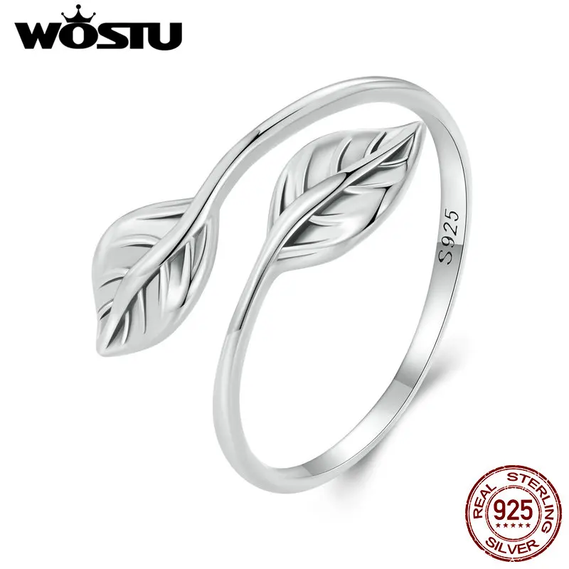 

WOSTU Real 925 Sterling Silver Vintage Leaf Opening Ring Simple S925 Free Size Rings For Women Fine Jewelry Party Birthday Gift