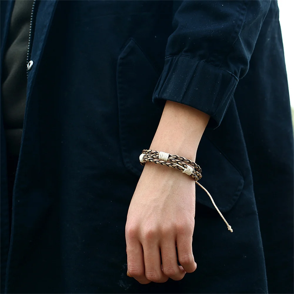 Woven Cotton Linen Bracelet For Men Simple Adjustable Brown Wristband Jewelry Gift