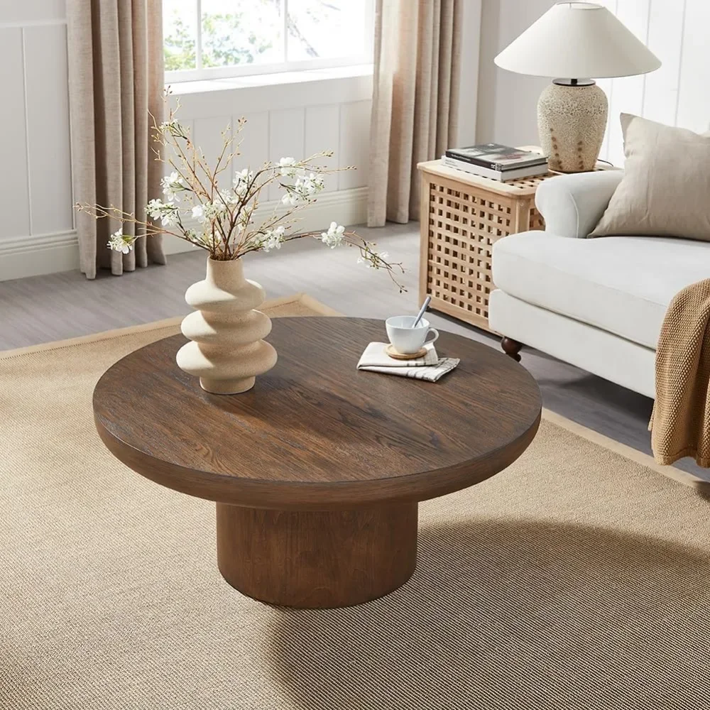 Round Wood Coffee Table for Living Room Modern Circle Coffee Table Pedestal Center Table for Apartment, Easy Assembly Brown 5