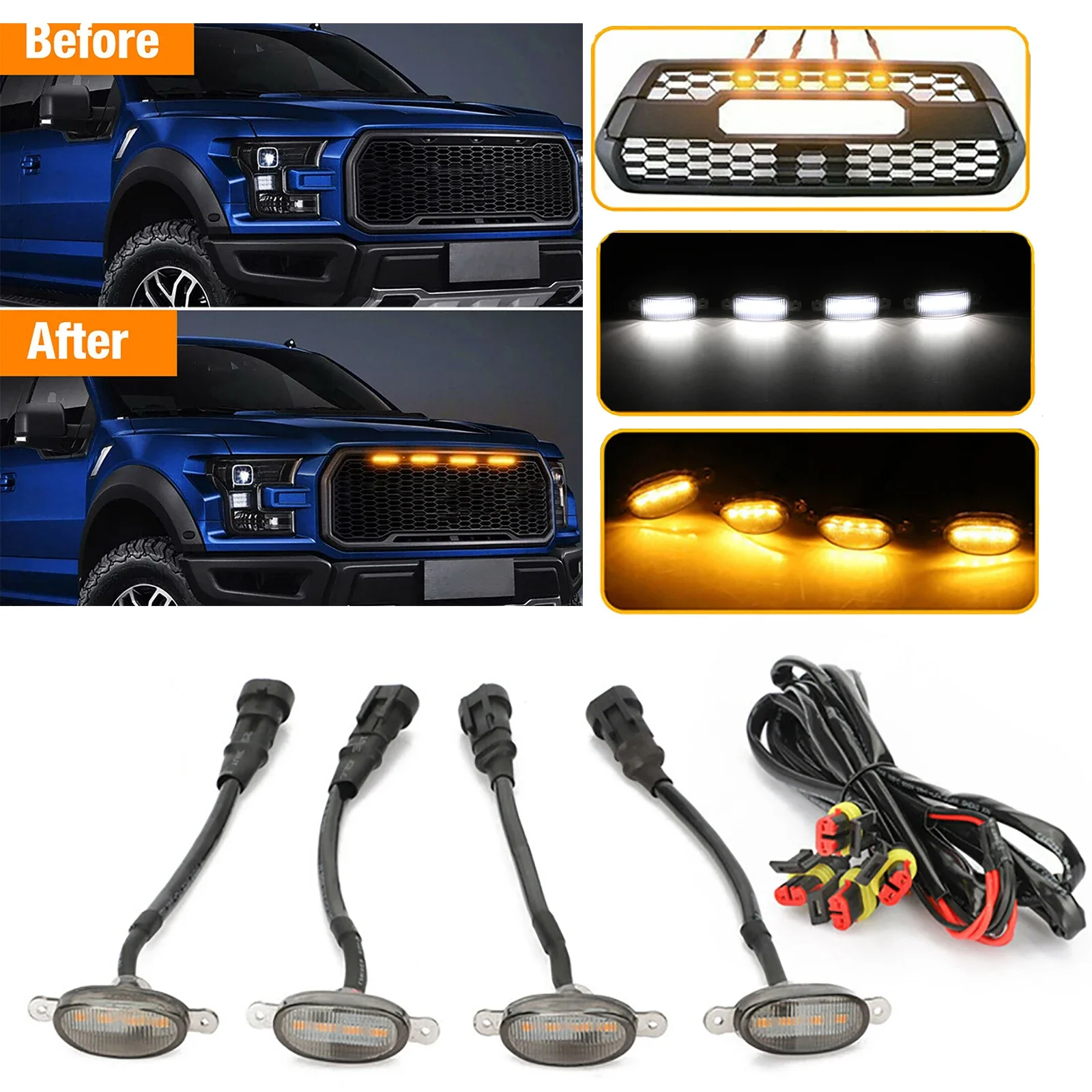 LED Grille Light Universal Car Smoked Amber White Grill Light Lighting Eagle Eye Lamp for Off Road Trunk SUV Ford Toyota