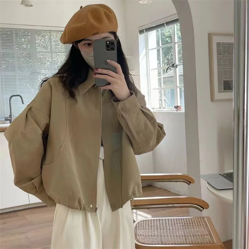 2024 Early Spring New Solid Color Retro Lapel Loose Jacket Women Korean Loose and Versatile Hem Drawstring Short Women's Jacket