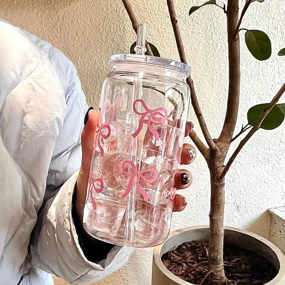 Charming Bow Glass Tumbler with Lid and Straw - Perfect for Iced Coffee, Juice, and Gifts