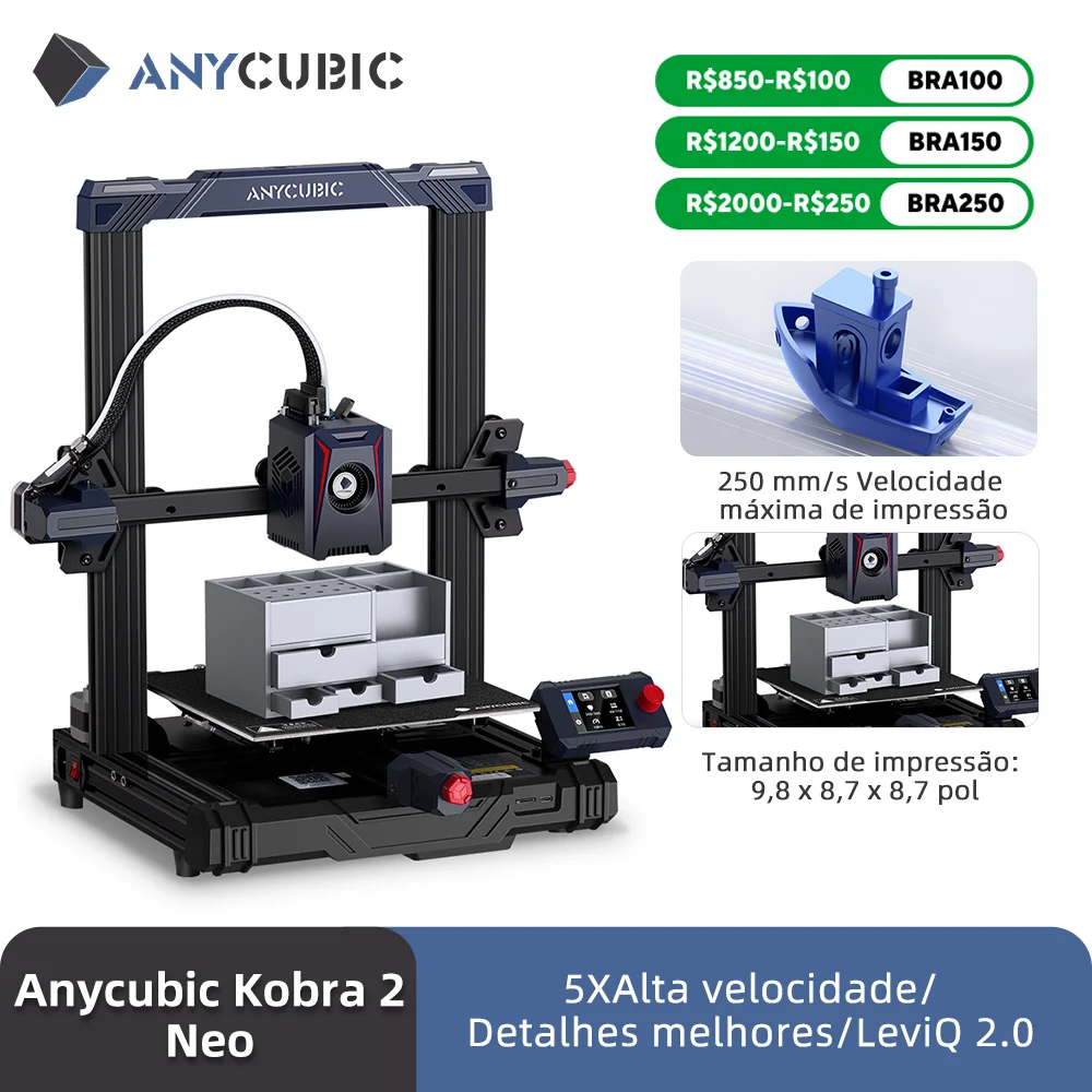 ANYCUBIC-Kobra 2 Impressora 3D Neo FDM, 250m por s, Velocidade máxima de impressão, Tamanho de compilação 9.8x8.7x8.5 