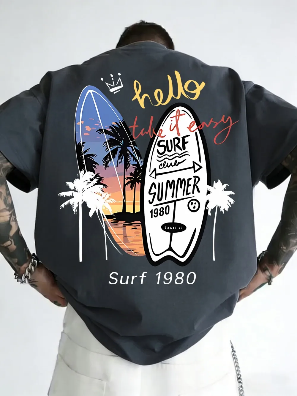 Europäisches und amerikanisches Herren-Sommer-T-Shirt mit Surfboard-Landschaftsdruck, aus leicht elastischem, atmungsaktivem Material, mit Rundhalsausschnitt, für Freizeitaktivitäten im Freien.