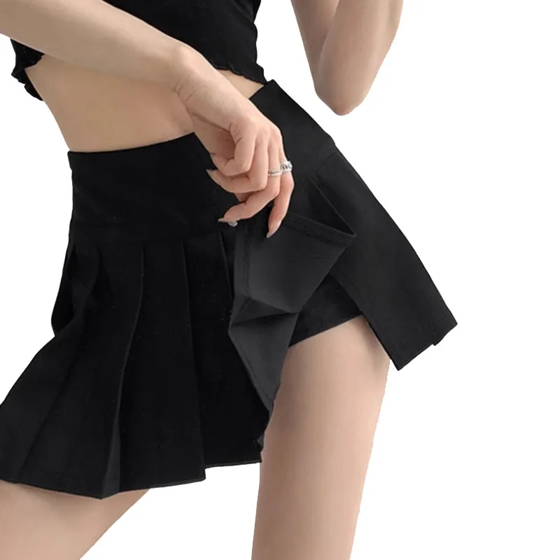 Плиссированная юбка с разрезом, женские пикантные короткие юбки с высокой талией, уличная одежда в стиле Харадзюку, Женская мини-юбка, модные черные юбки а-силуэта для женщин