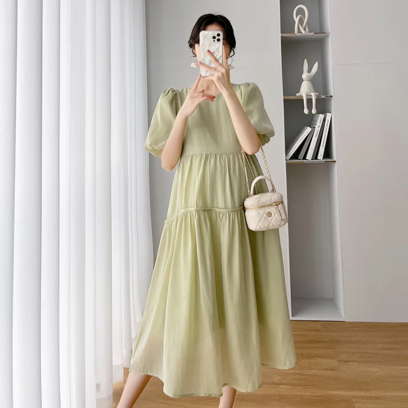 

Korean Chiffon Maternity Dresses Summer Clothes For Pregnant Women Casual Solid O-Neck Puff Sleeve Elegant Pregnancy Vestidos