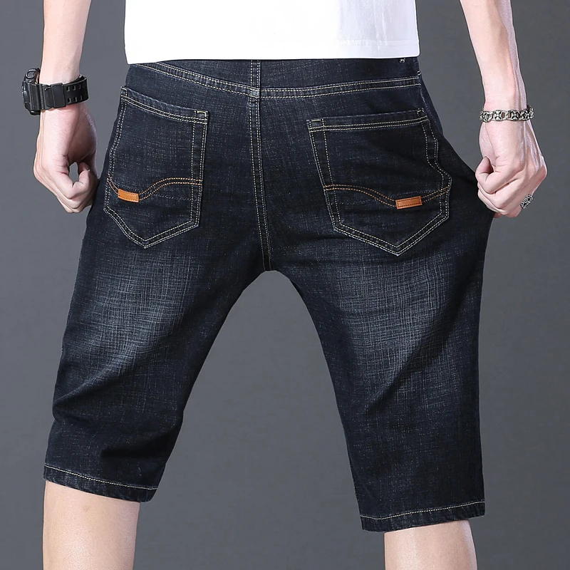 2023 blue soft denim shorts men's summer elastic lightweight denim knee length shorts sports casual straight pants