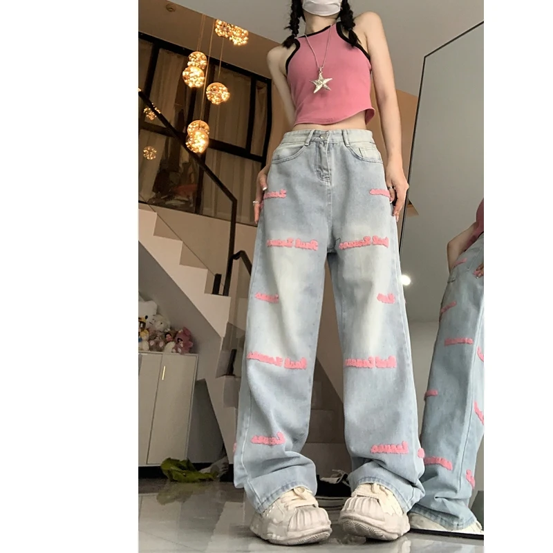 

MrGB Embroidered Letter Women Jeans American Hip Hop High Waist Denim Pants Trend Brand Streetwear Female Wide Leg Trousers