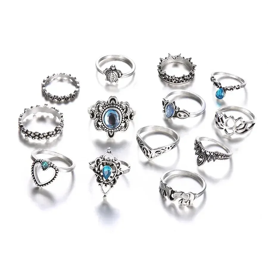 13Pcs Vintage Flower Rings Set - Hollow Carved Crown Love Jewelry for Women 2025 Trendy Retro Party Gift Exquisite Fringer Rings