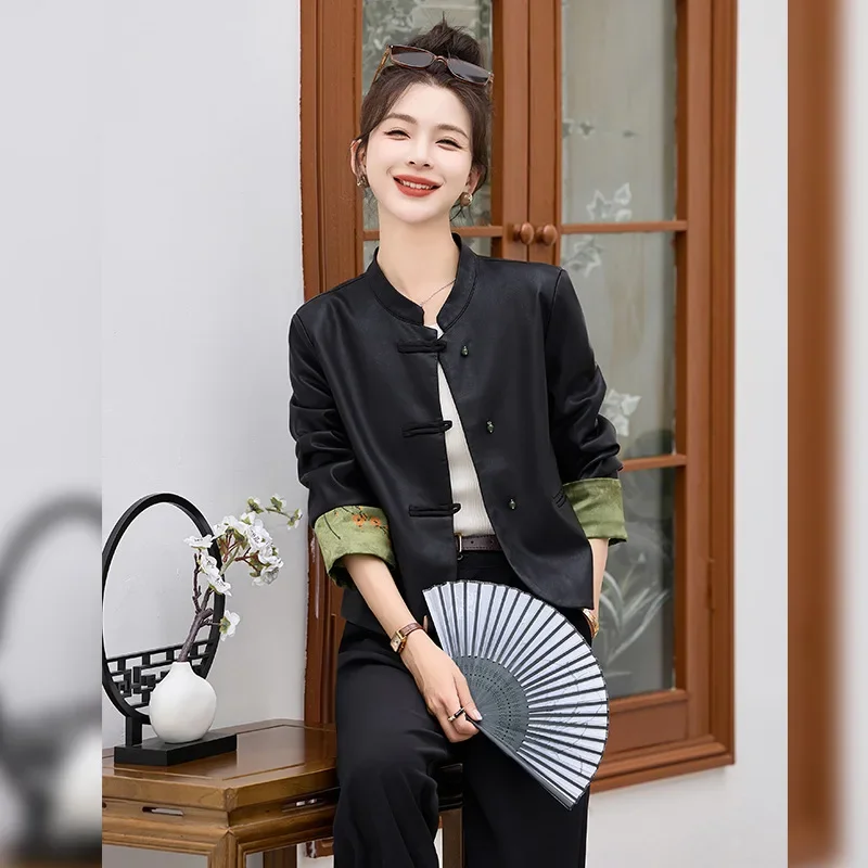 용수철 스탠드 칼라 인조 양가죽 크롭 재킷, 중국 스타일  가죽 의류, 2024 신상