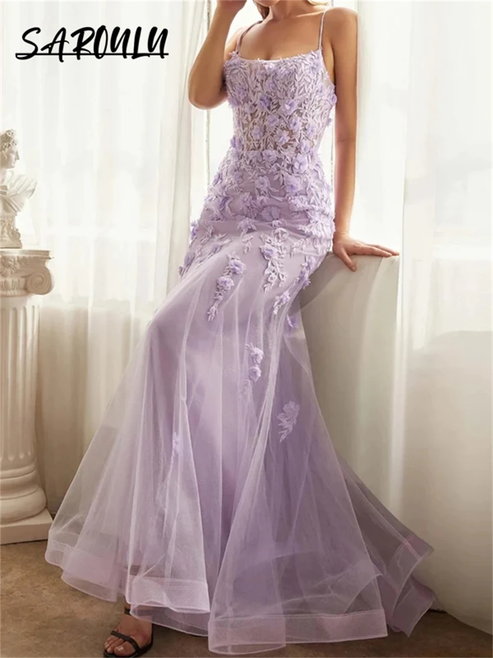 

Lavender Floral Tulle Evening Dress Spaghetti Straps Lace Tied-up Backless Sexy Women Prom Dresses Custom Made Party Gown