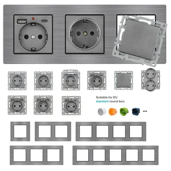 SRAN สีเทา FR EU ซ็อกเก็ตไฟฟ้าและสวิทช์แผงอลูมิเนียม DIY, SF9 Series Usb wall socekt ทีวี rj45 โมดูลฟังก์ชั่น 1