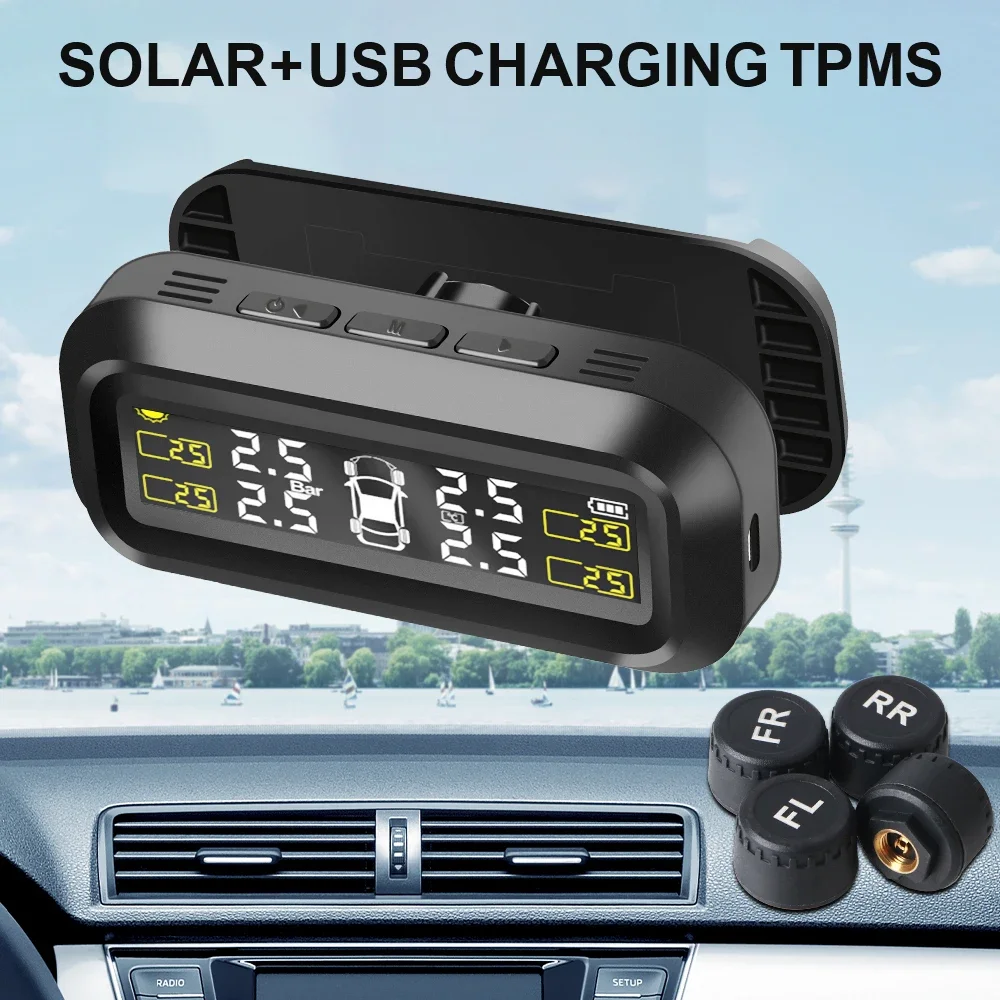New Solar Power External Sensor Auto Security Alarm Tyre Pressure Car TPMS Tyre Pressure Monitoring System Digital LCD Display