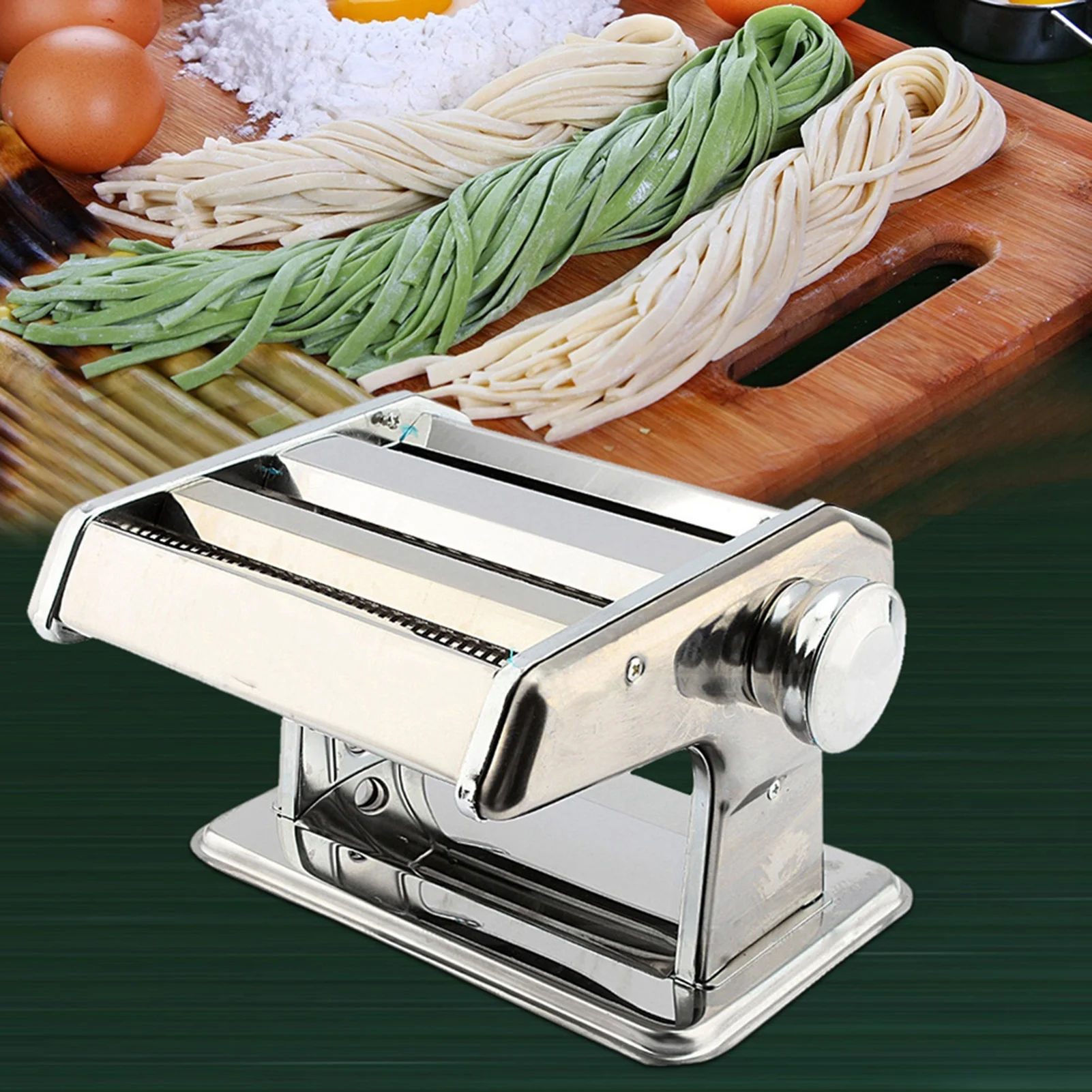 Heavy-Duty Stainless Steel Manual Pasta Maker Machine - Adjustable Thickness (Spaghetti, Fettuccine, Dumpling wrappers) with Han