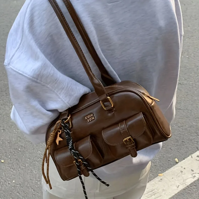 Stylish Shoulder Bag with Multiple Pockets, Golden-Tone Hardware & Letter Print Design Handbags for Women Travel, Work, Outings