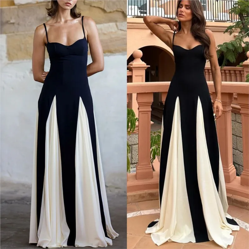 Contrast Sling Large Hem A Line Dress For Women Elegant Patchwork Slip Maxi Robe Female  Fashion Sexy Evening Lady Long Vestidos 2