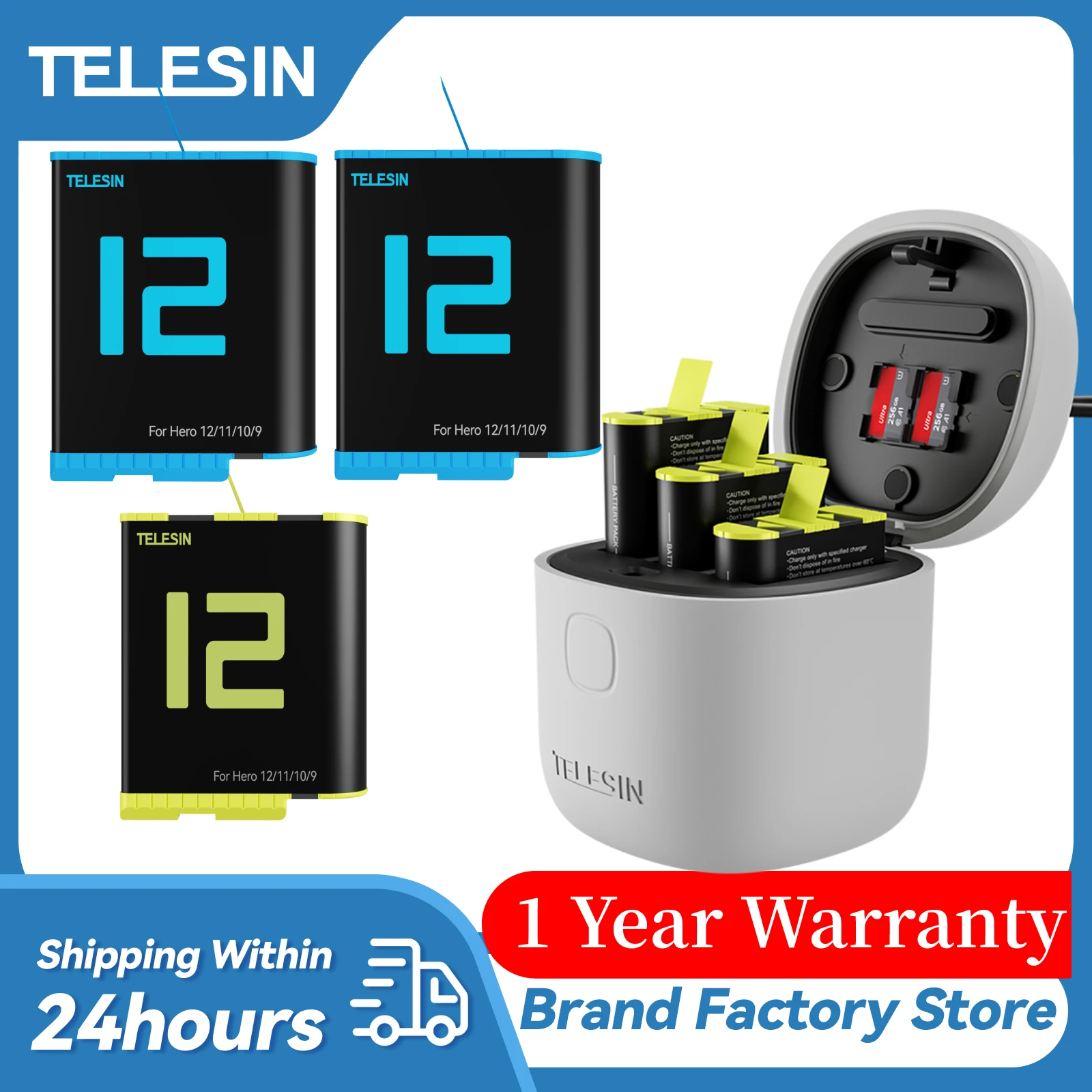 TELESIN Lot de 2 chargeurs de batterie Allin Box pour GoPro Hero 12 Hero 11  Hero 10 Hero 9 noir, étanchéité IP54, triple boîtier de charge avec