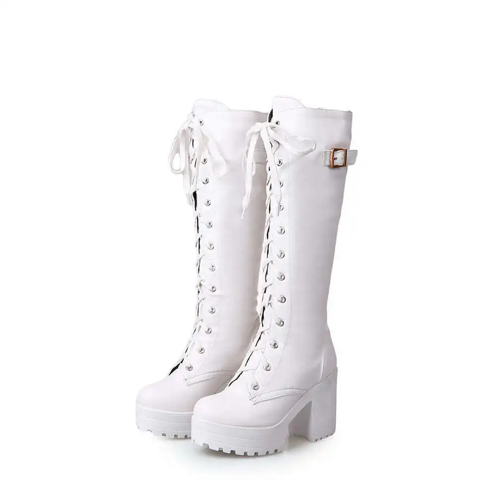 

"Plus Size Autumn Winter Knee High Boots Women Fashion Buckle High Tube PU Boots Woman Platform High Heels Long Botas Mujer
