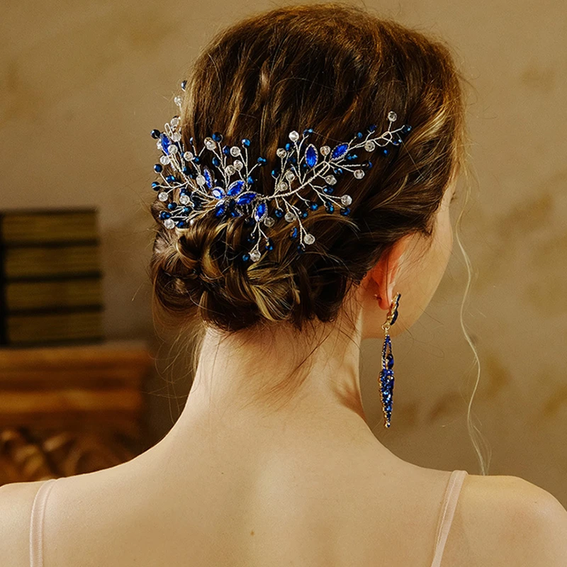 Blue Rhinestone Bridal Wedding Hair Accessories for Women Crystal Hair