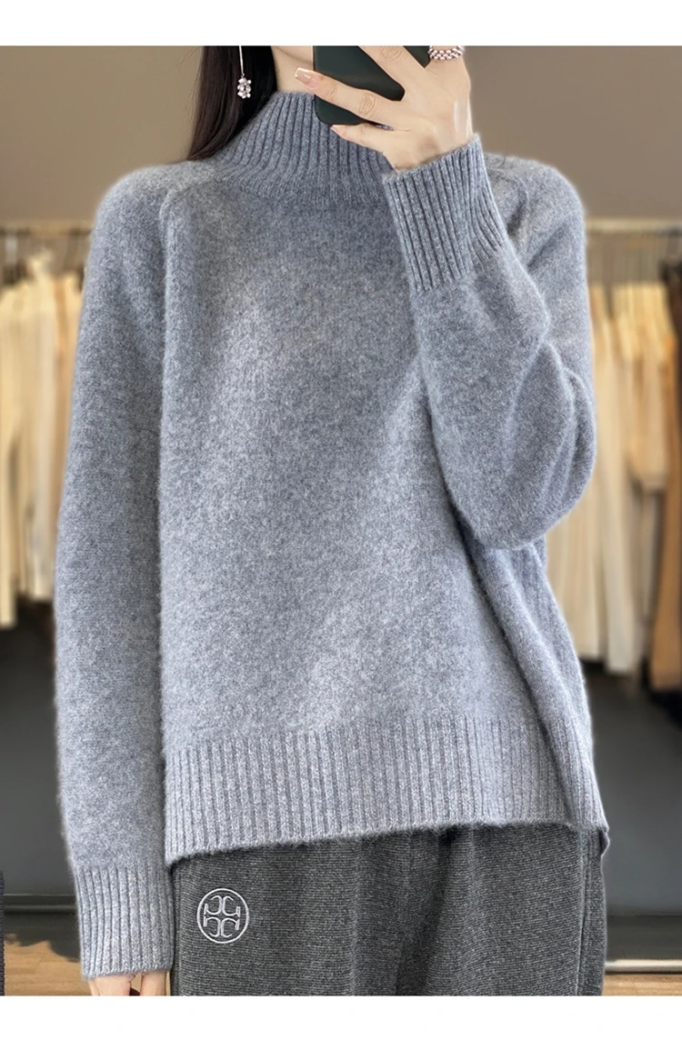High-Necked Cashmere Sweater for Women, Autumn and Winter, 100% Cashmere, Slit, Lazy Raglan Sweater, Thickened with Soft Waxy Wo 5