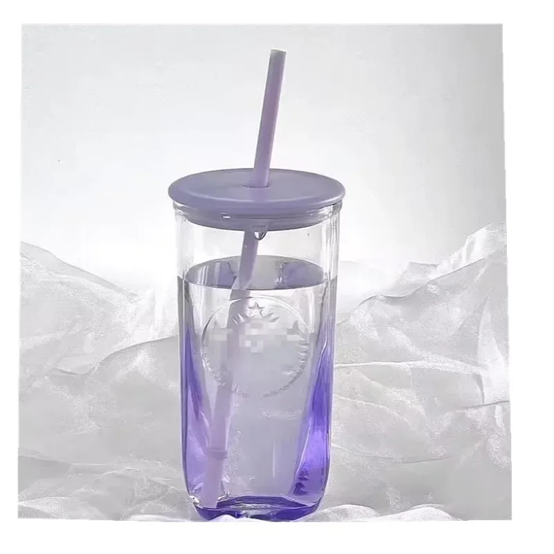 New ★★★ Triangle covered glass cup, straw water cup, 473ml （purple）