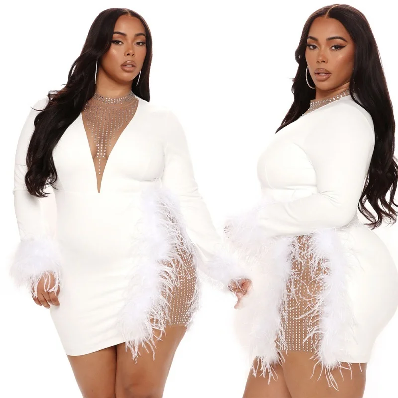 Plus Size Fashion Women Hip Wrapped Short Dress Solid Color Mesh Feather Patchwork Party Nightclub Oversize Dress Summer 2023