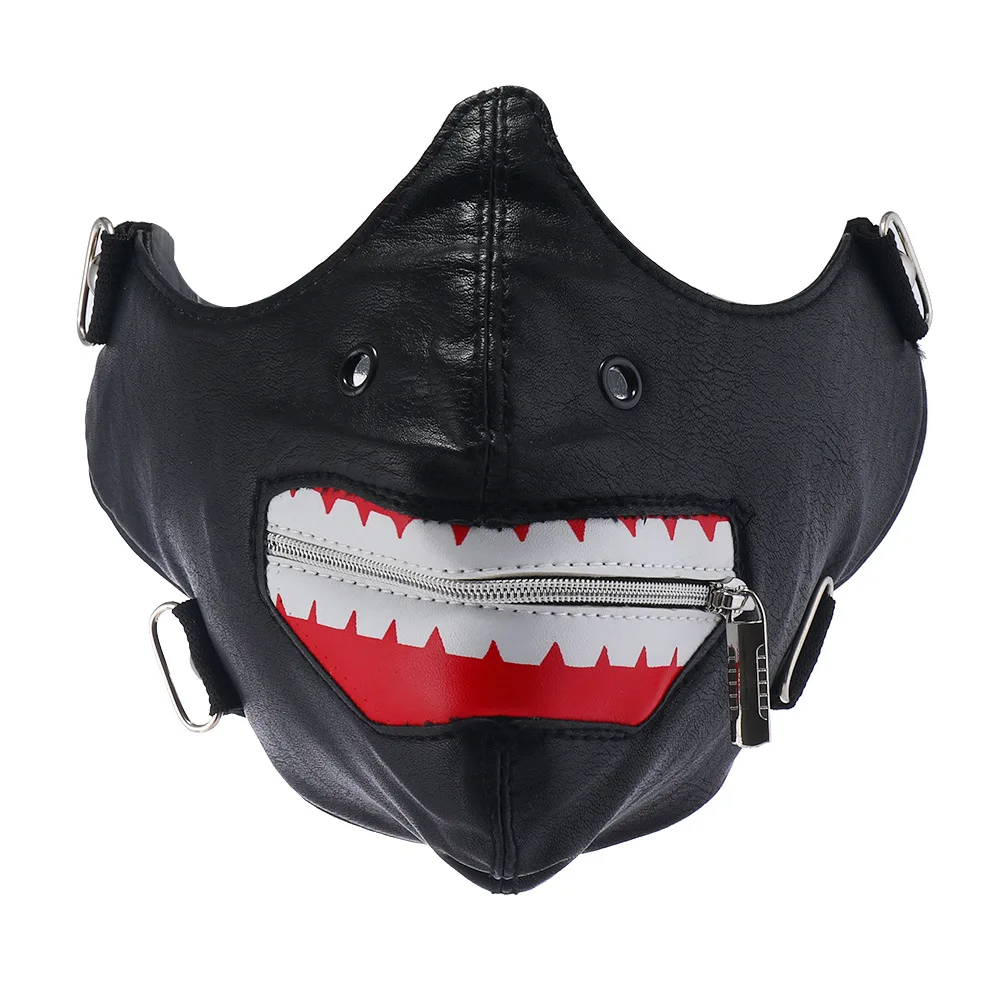 Men Women's Black PU Leather Zipper Rock Mask Lady's Breathable Party Cosplay Halloween Mouth-muffle R1567