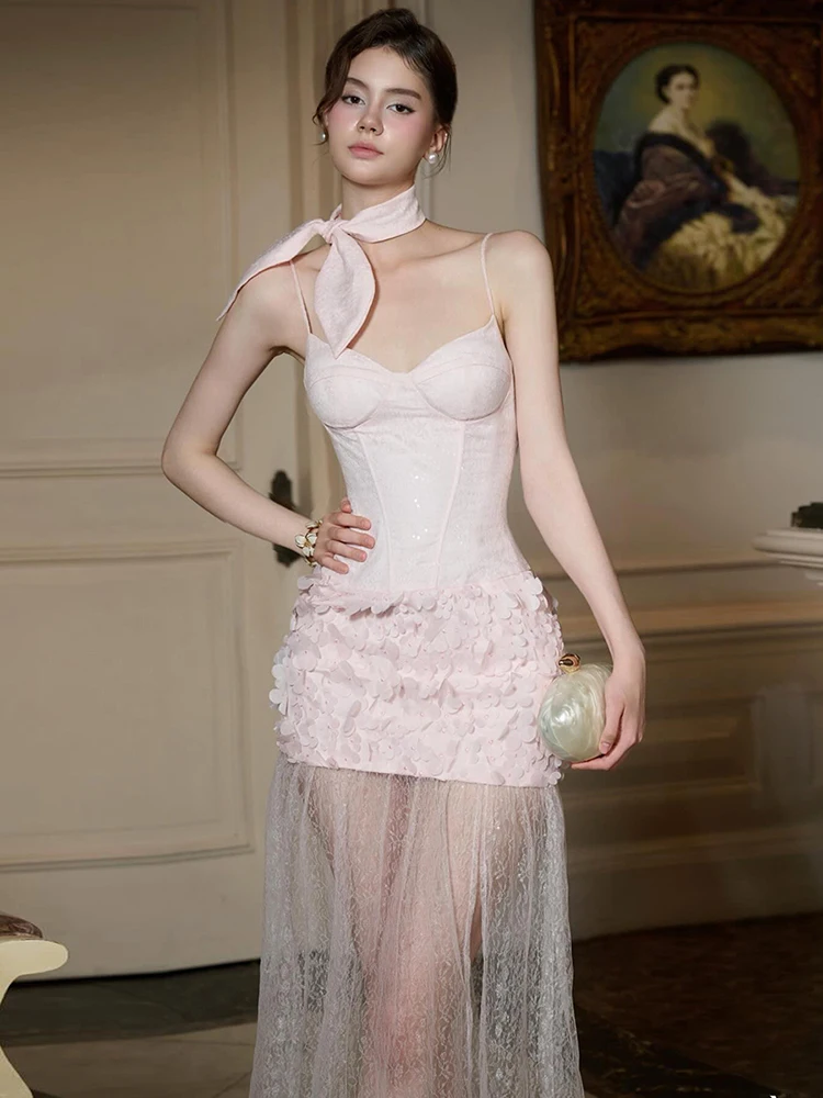 Nibber Low-Neck Sweet Dress Women See Through Hem Mesh Patchwork Elegant Applique Zip Trend Evening Birthday Party Long Bodycon