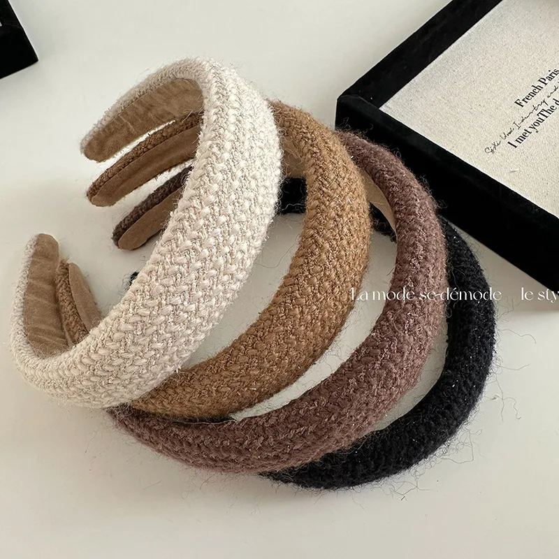 Fur Wool Padded Headband Solid Color Knit Wide Cross Puffy Hair Rope New Headwear Stylish Elegant Warm Women Hair Accessories thick padded wool headband pink color knit wide cross puffy hair rope new headwear stylish elegant warm women hair accessories