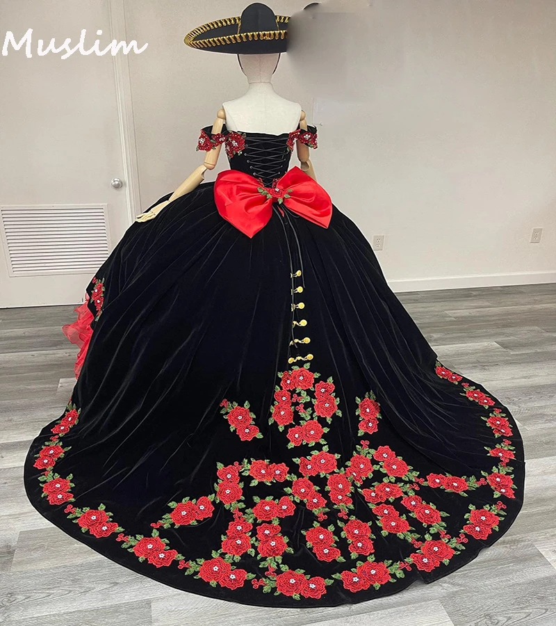 green emerald velvet dress Gothic Quinceanera Dresses Charro Off The Shoulder Black Lace Red Satin  Ball Gowns Gothic Wedding Black 2 at Amazon Women's Clothing store main image 0