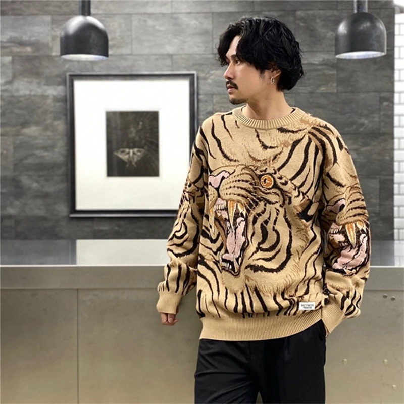 

23SS High Quality WACKO MARIA Knitted Sweater Men Women Tiger Jacquard Blue White Khaki Oversize Sweatshirts Kanye West