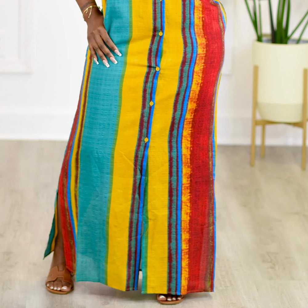 Plus Size Yellow Daily Shirtdress Colorblock Print Rainbow Striped Pocket Button Maxi Dresses