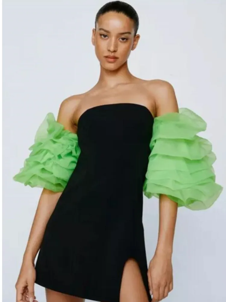 

2023 New Women Sexy Black Strapless Green Puff Sleeve Off Shoulder Bodycon Rayon Bandage Fashion Nightlub Party Celebrate Dress