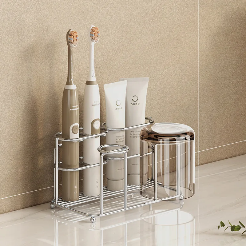 Stainless Steel Toothbrush Storage No Drilling Bathroom Wall Mounted Toothpaste Rack Wall Mounted Mouthwash Cup Storage Rack