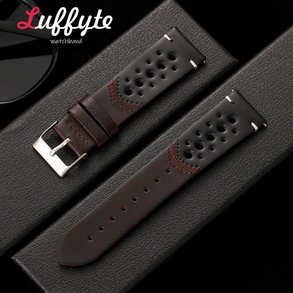 Vintage Oil Waxed Leather Watch Strap with Quick Release and Personalized Stitching