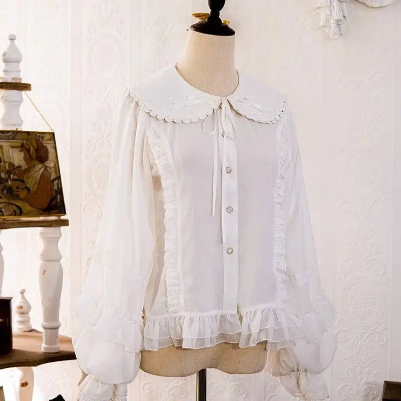 

Lolita Lantern Sleeve Long Sleeve Shirt Inside Loose Bow With Lovely Ruffled Edges White Inner Cloth Kawaii