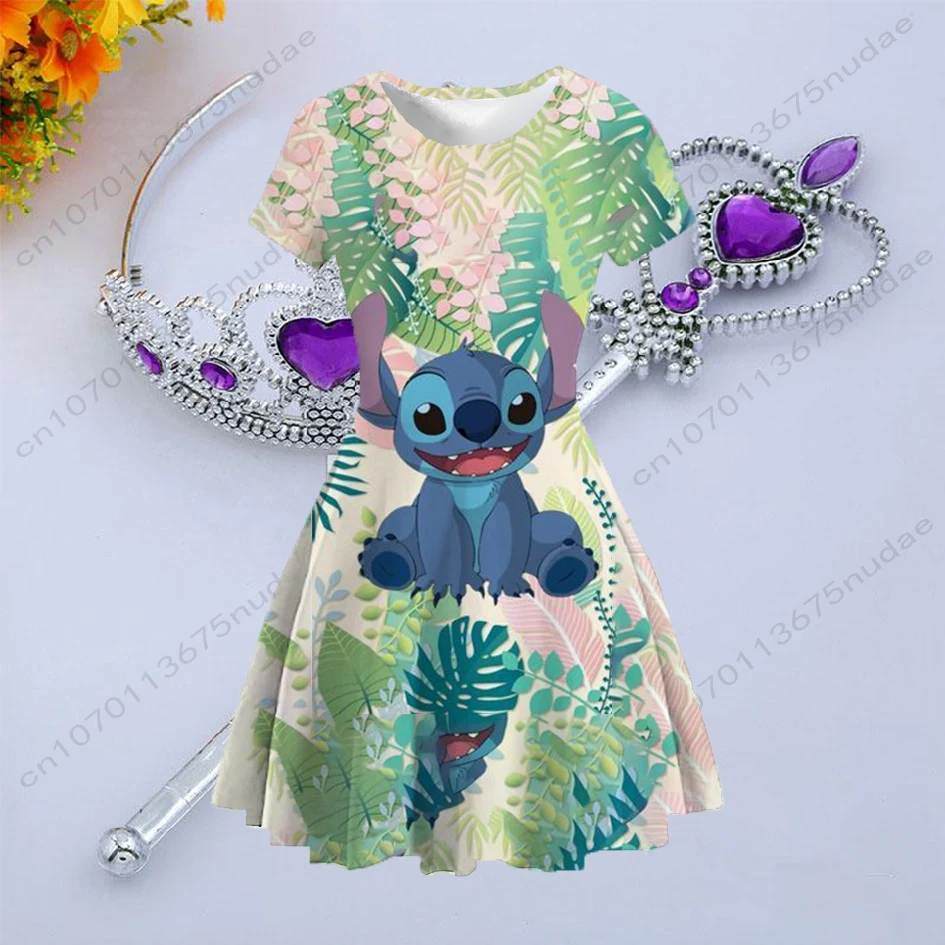 2022 Cute Casual Children's Clothing Summer New Disney Stitch Dress Printed  Round Neck Short Sleeve Girls Princess Dress