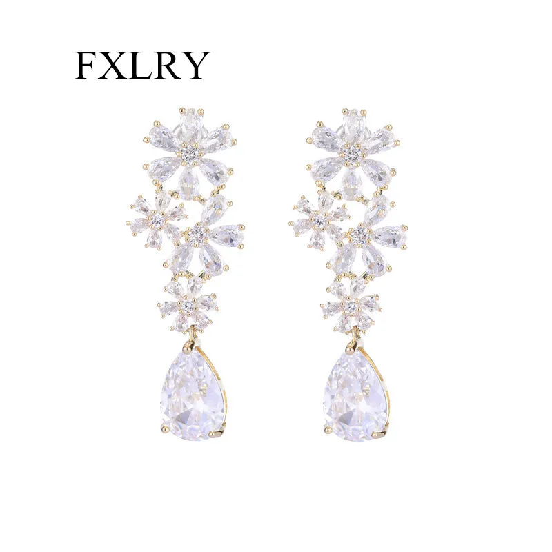 

FXLRY Gorgeous Cubic Zircon Flower Water Drop Earrings For Women Party Jewelry