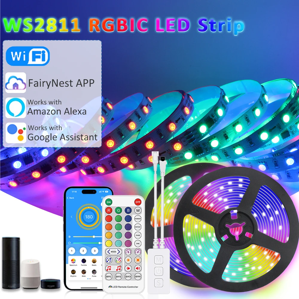 

WiFi WS2811 RGBIC Horse Race LED Strip Lights 24V SMD 5050 RGB IC FairyNest App Alexa Google Assistant Voice Control Smart Lamp