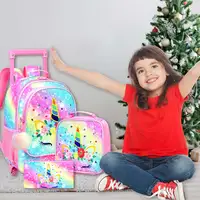 Rolling Backpack for Girls and Boys Kids Unicorn Dinosaur Bookbag with Roller Wheels Suitcase School Bag Set 2