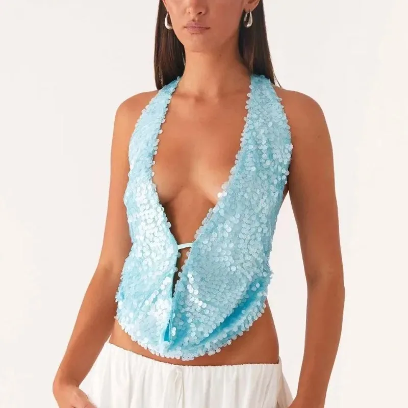 Sexy Hollow Out Sequins Women Top Tank Halter Deep V-Neck Backless Glitter Vest Ladies Nightclub Party Y2K Tank Crop Tops